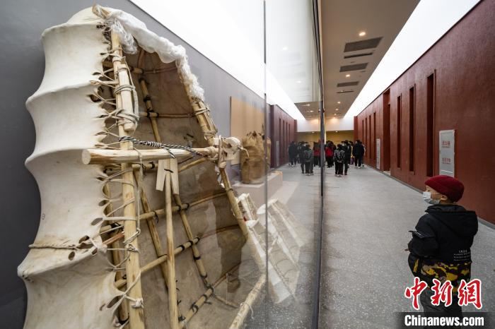 图为展厅里展示的传统牛皮船。 何蓬磊 摄 图为展厅里展示的传统牛皮船。 何蓬磊 摄
