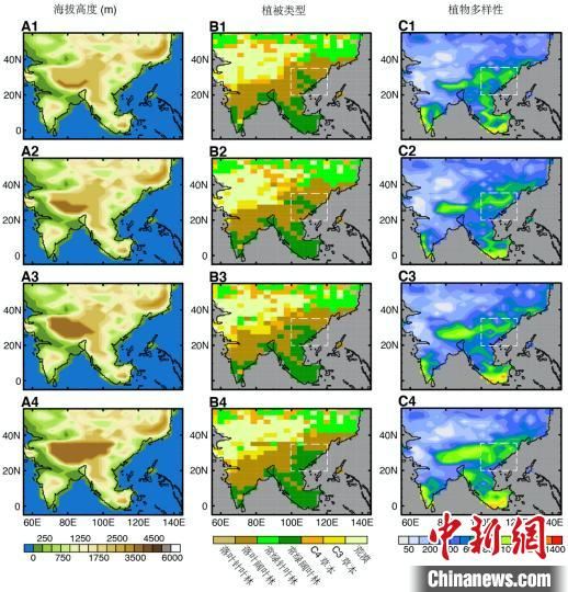 图为不同青藏高原地形地貌模拟及植被与生物多样性演变示意图 。中科院西双版纳热带植物园网站截图